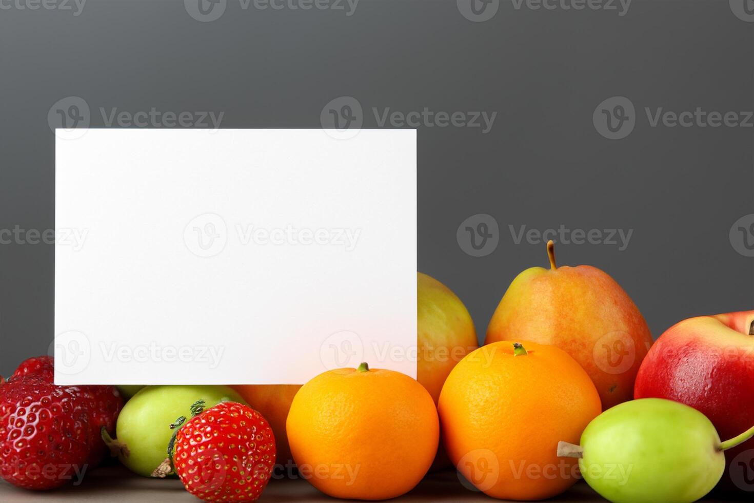 Card and White Paper Mockup Harmonized with Fresh Fruit, Crafting a Visual Symphony of Artful Design and Culinary Delight, Where Wholesome Ingredients Merge in a Feast of Vibrant Imagery photo