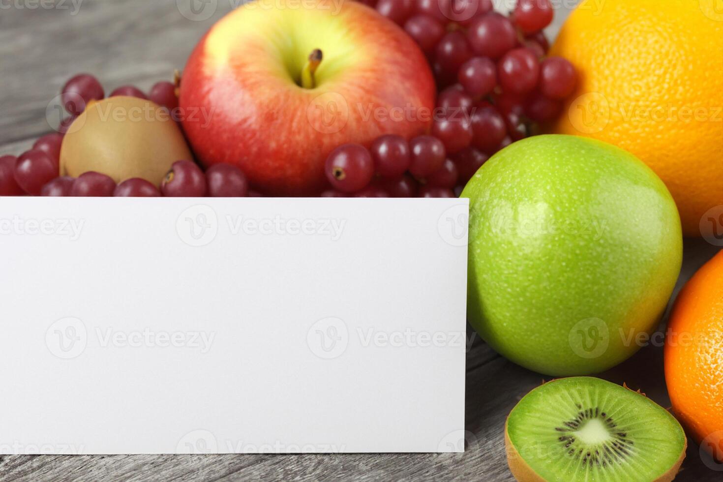 tarjeta y blanco papel Bosquejo armonizado con Fresco fruta, elaboración un visual sinfonía de ingenioso diseño y culinario deleitar, dónde saludable ingredientes unir en un banquete de vibrante imágenes foto