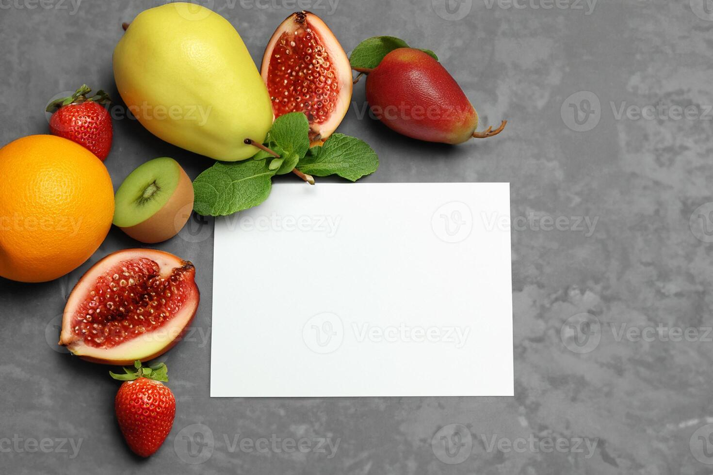 Card and White Paper Mockup Harmonized with Fresh Fruit, Crafting a Visual Symphony of Artful Design and Culinary Delight, Where Wholesome Ingredients Merge in a Feast of Vibrant Imagery photo