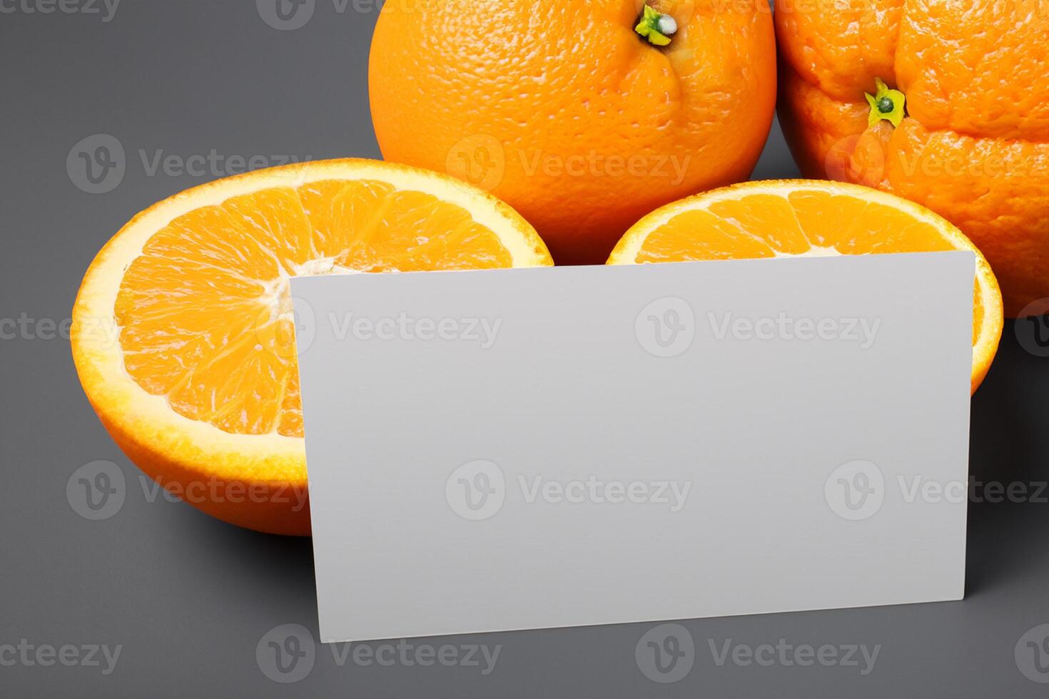 Generated imageWhite Paper Mockup Enlivened by the Zesty Aura of Fresh Oranges, Crafting a Visual Symphony of Culinary Opulence and Wholesome Design photo