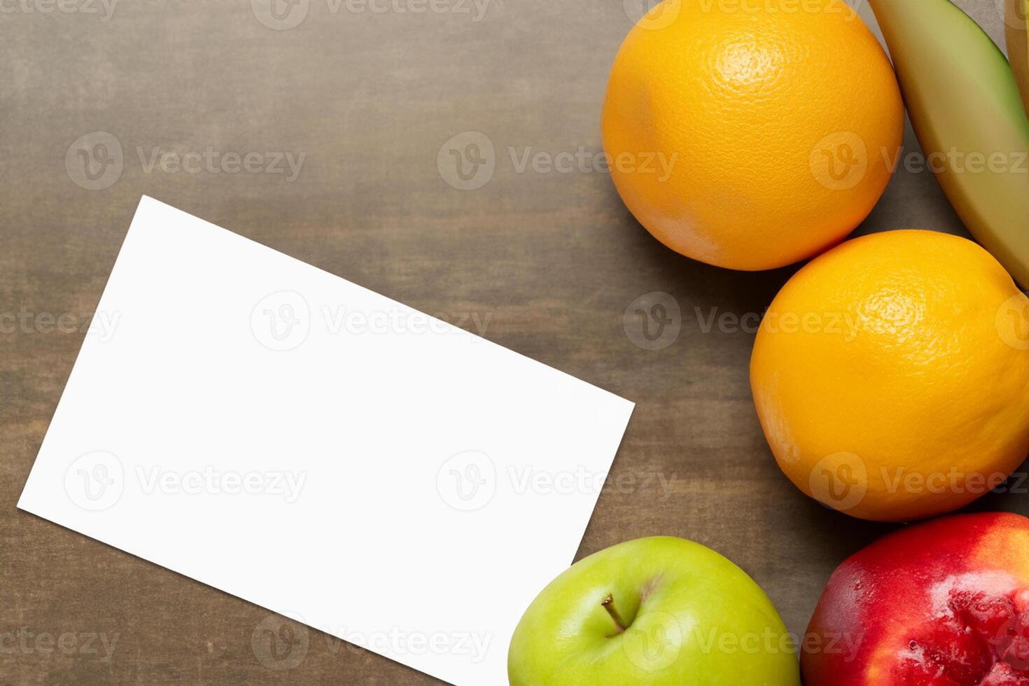 Card and White Paper Mockup Harmonized with Fresh Fruit, Crafting a Visual Symphony of Artful Design and Culinary Delight, Where Wholesome Ingredients Merge in a Feast of Vibrant Imagery photo