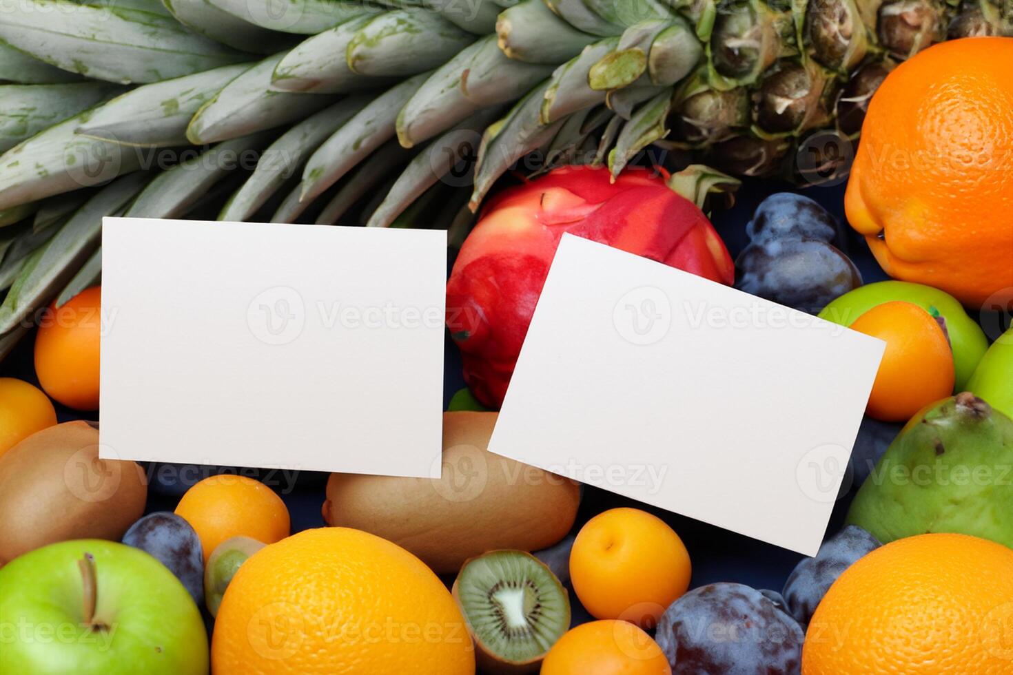 tarjeta y blanco papel Bosquejo armonizado con Fresco fruta, elaboración un visual sinfonía de ingenioso diseño y culinario deleitar, dónde saludable ingredientes unir en un banquete de vibrante imágenes foto