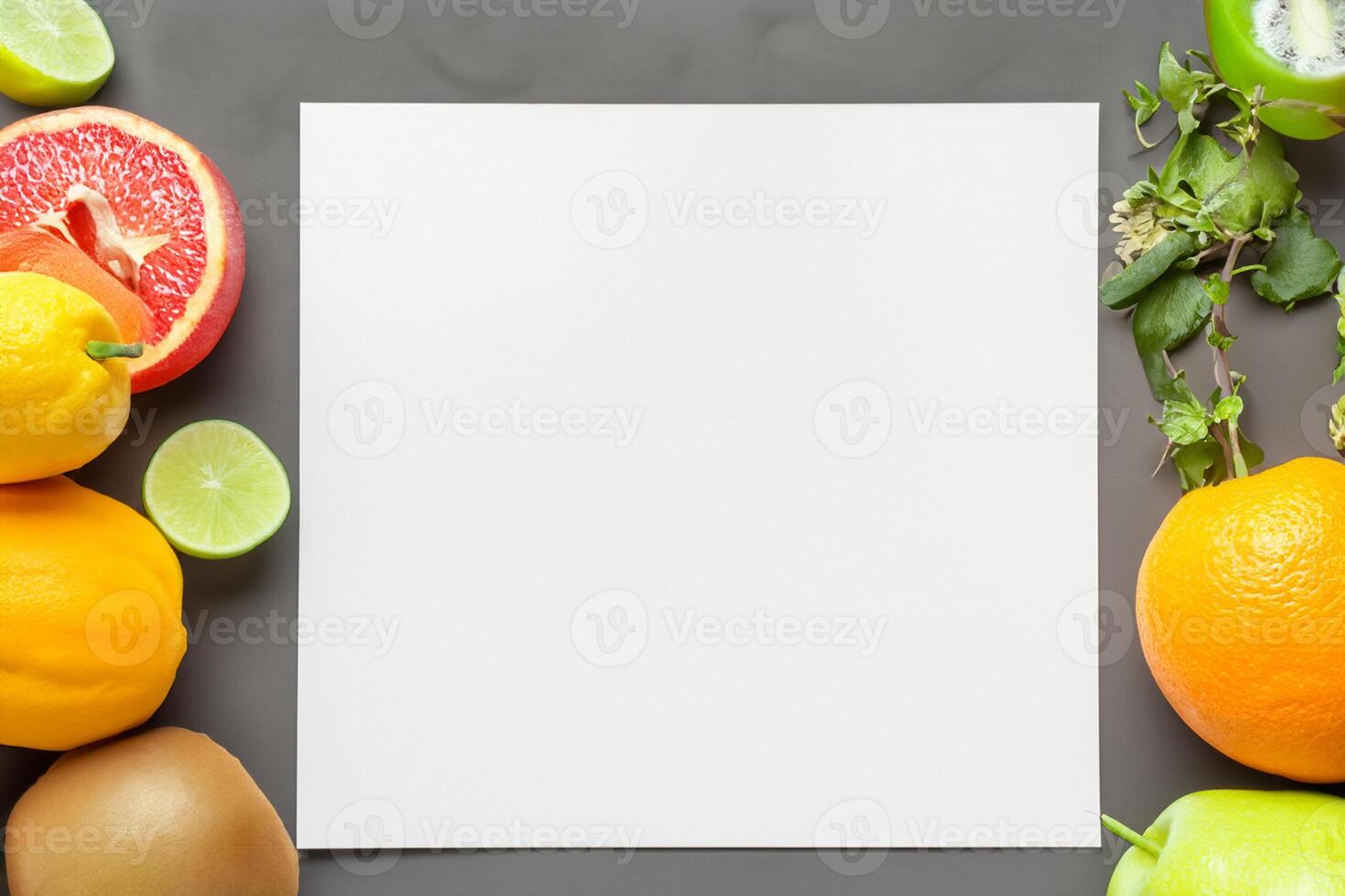 Card and White Paper Mockup Harmonized with Fresh Fruit, Crafting a Visual Symphony of Artful Design and Culinary Delight, Where Wholesome Ingredients Merge in a Feast of Vibrant Imagery photo