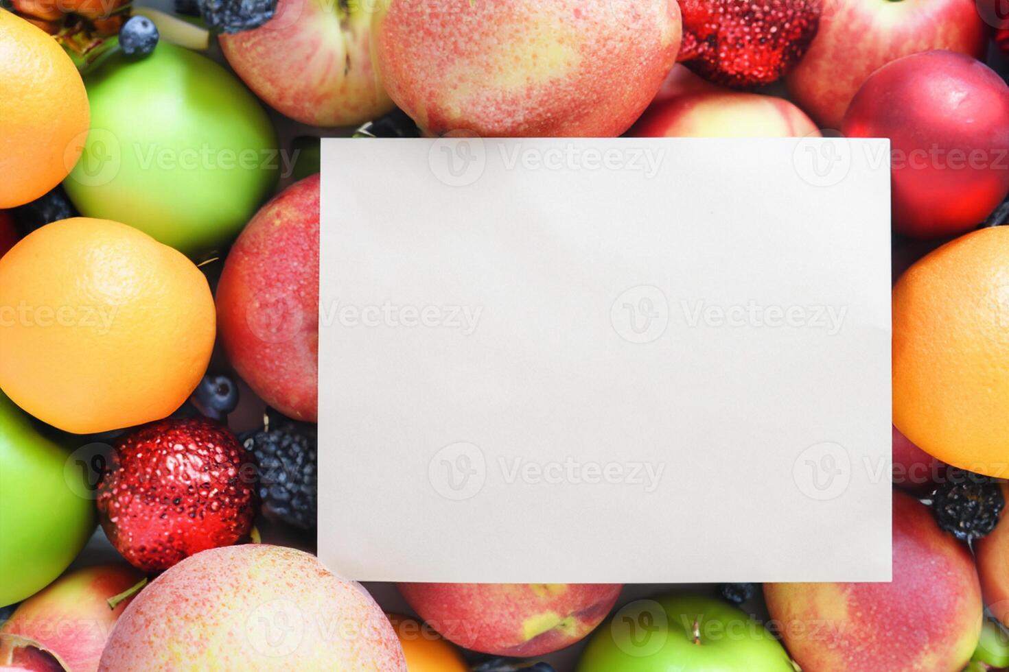 Card and White Paper Mockup Harmonized with Fresh Fruit, Crafting a Visual Symphony of Artful Design and Culinary Delight, Where Wholesome Ingredients Merge in a Feast of Vibrant Imagery photo