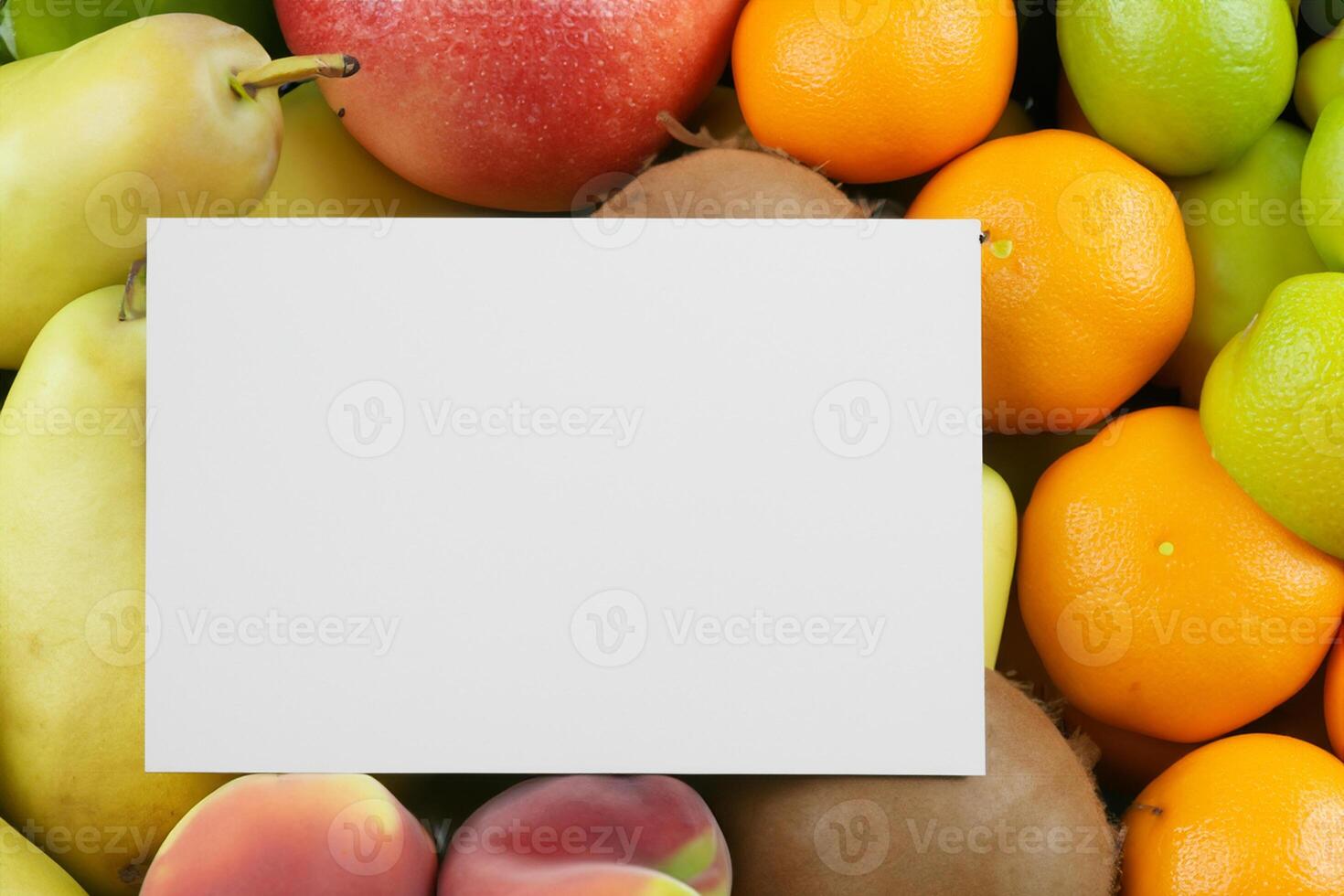 Card and White Paper Mockup Harmonized with Fresh Fruit, Crafting a Visual Symphony of Artful Design and Culinary Delight, Where Wholesome Ingredients Merge in a Feast of Vibrant Imagery photo