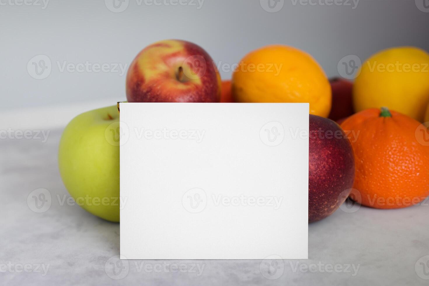 Card and White Paper Mockup Harmonized with Fresh Fruit, Crafting a Visual Symphony of Artful Design and Culinary Delight, Where Wholesome Ingredients Merge in a Feast of Vibrant Imagery photo