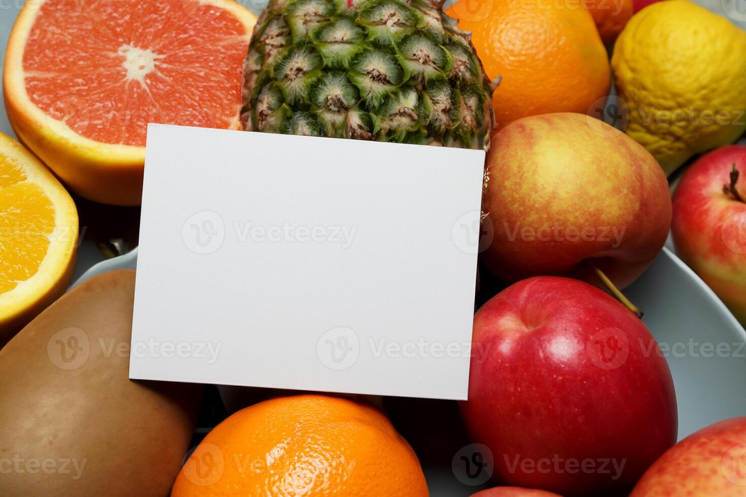 Card and White Paper Mockup Harmonized with Fresh Fruit, Crafting a Visual Symphony of Artful Design and Culinary Delight, Where Wholesome Ingredients Merge in a Feast of Vibrant Imagery photo