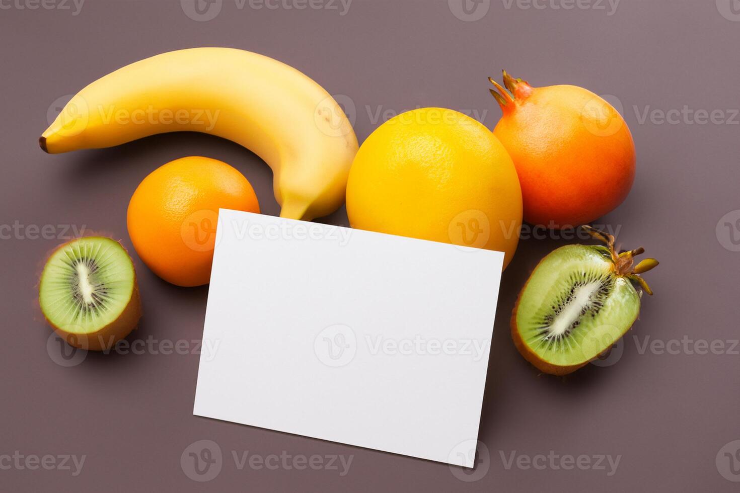 Card and White Paper Mockup Harmonized with Fresh Fruit, Crafting a Visual Symphony of Artful Design and Culinary Delight, Where Wholesome Ingredients Merge in a Feast of Vibrant Imagery photo