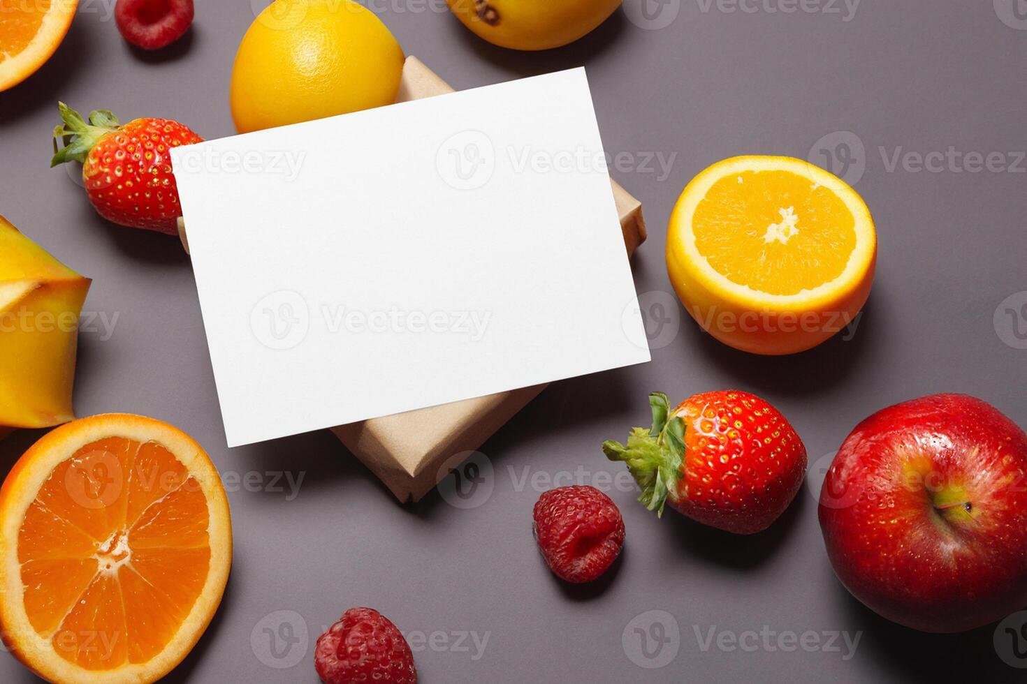 Card and White Paper Mockup Harmonized with Fresh Fruit, Crafting a Visual Symphony of Artful Design and Culinary Delight, Where Wholesome Ingredients Merge in a Feast of Vibrant Imagery photo