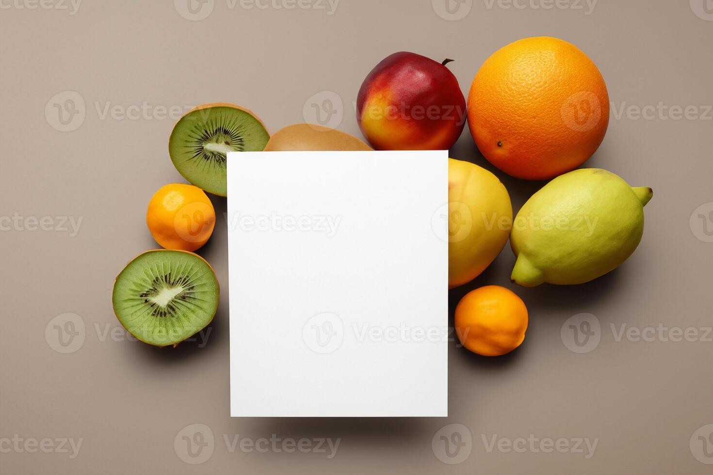 Card and White Paper Mockup Harmonized with Fresh Fruit, Crafting a Visual Symphony of Artful Design and Culinary Delight, Where Wholesome Ingredients Merge in a Feast of Vibrant Imagery photo