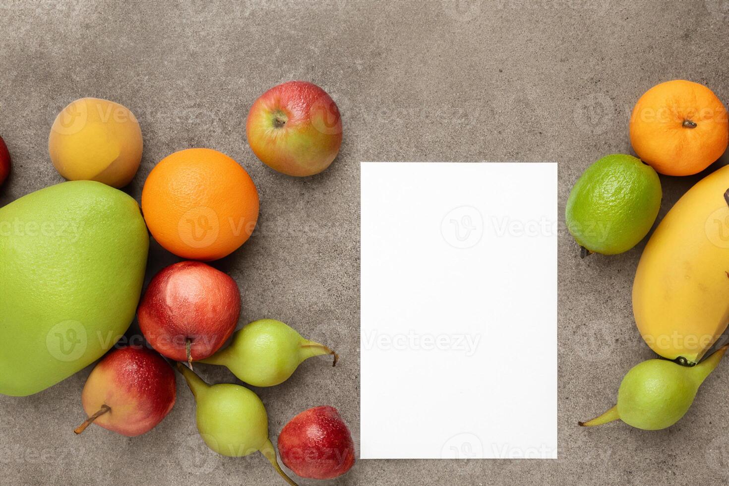 Card and White Paper Mockup Harmonized with Fresh Fruit, Crafting a Visual Symphony of Artful Design and Culinary Delight, Where Wholesome Ingredients Merge in a Feast of Vibrant Imagery photo