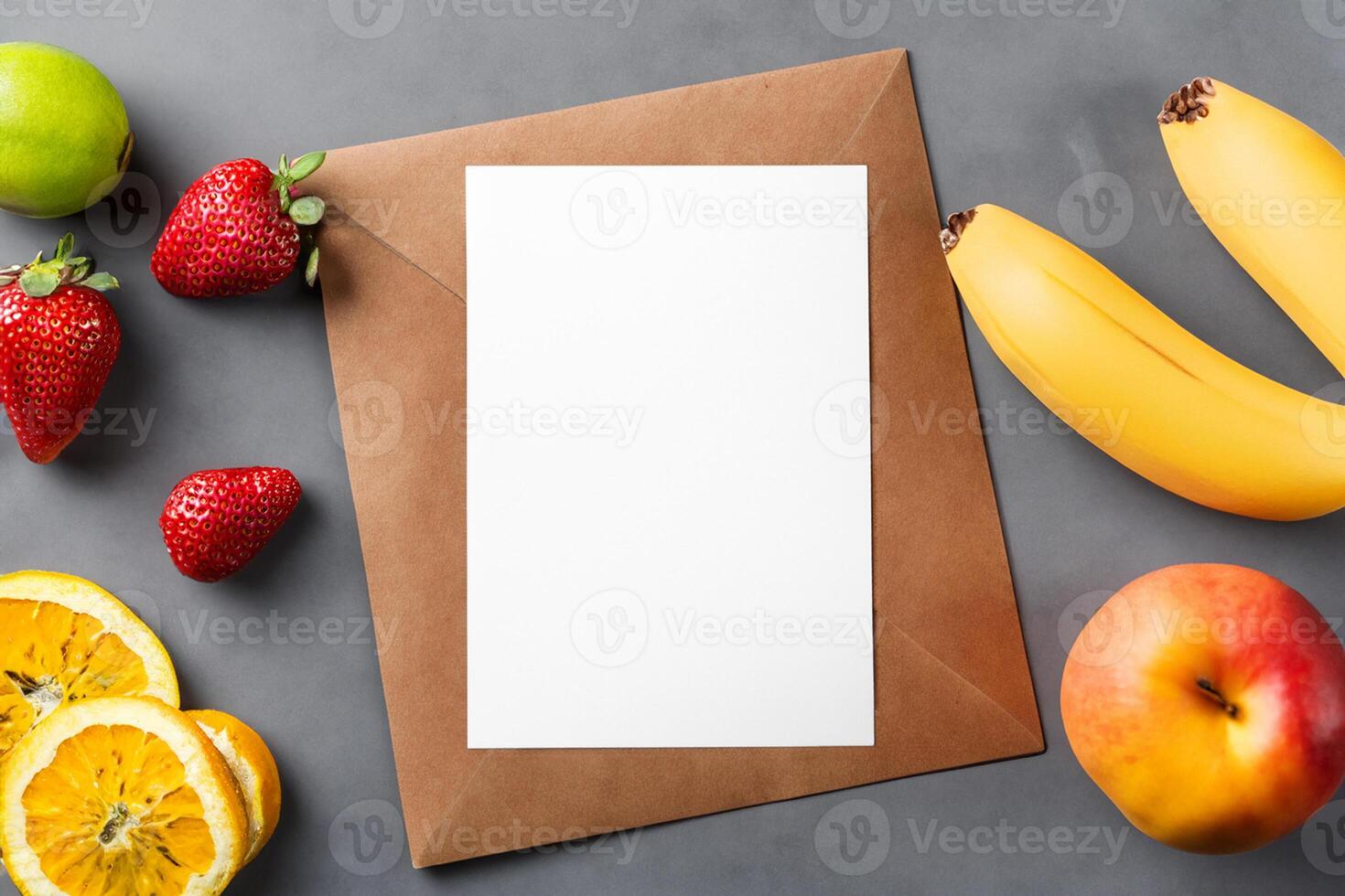 tarjeta y blanco papel Bosquejo armonizado con Fresco fruta, elaboración un visual sinfonía de ingenioso diseño y culinario deleitar, dónde saludable ingredientes unir en un banquete de vibrante imágenes foto