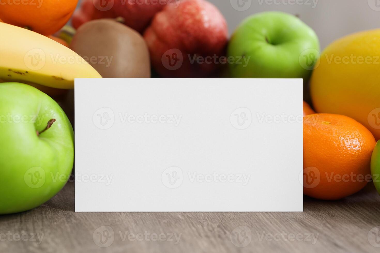 Card and White Paper Mockup Harmonized with Fresh Fruit, Crafting a Visual Symphony of Artful Design and Culinary Delight, Where Wholesome Ingredients Merge in a Feast of Vibrant Imagery photo