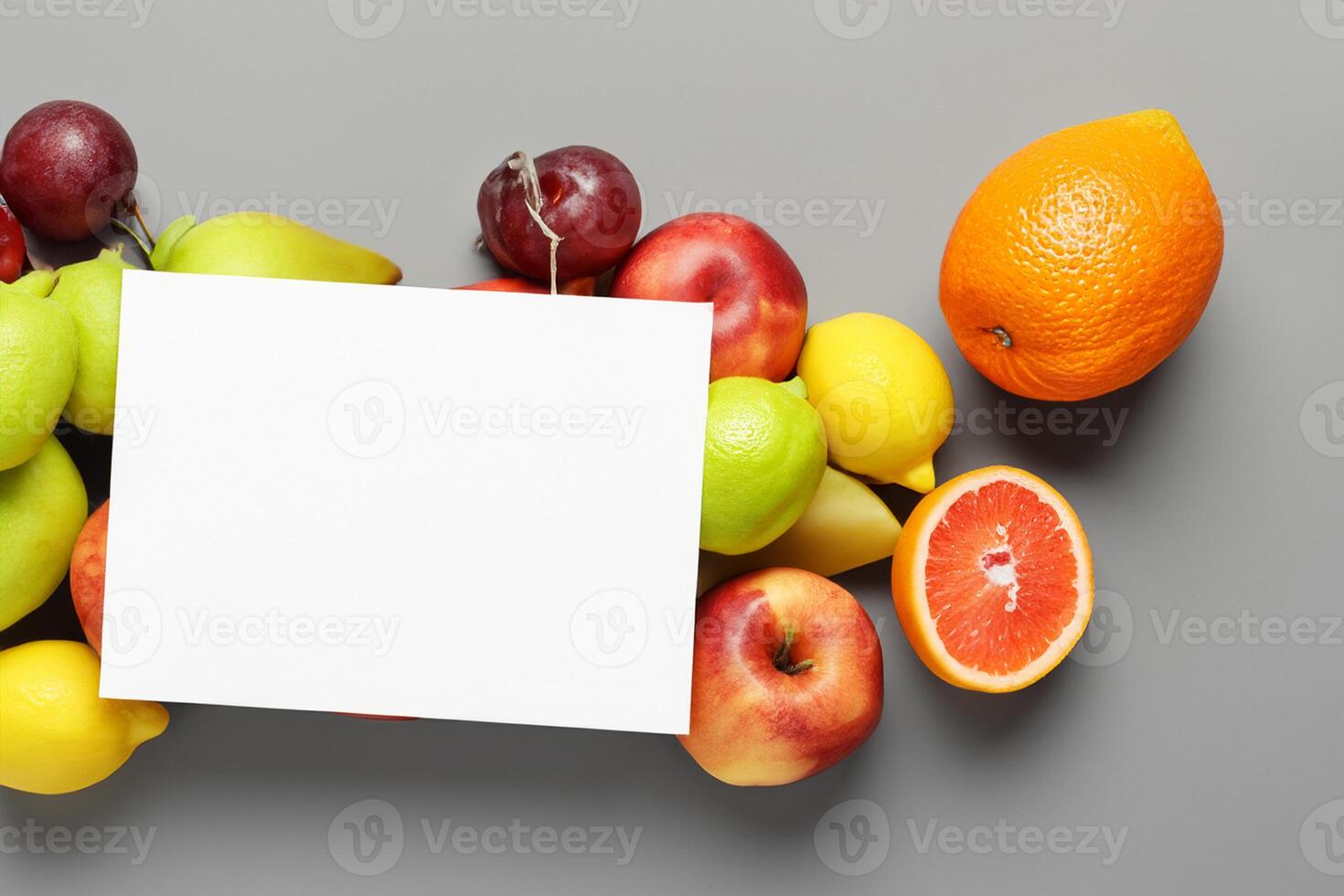 Card and White Paper Mockup Harmonized with Fresh Fruit, Crafting a Visual Symphony of Artful Design and Culinary Delight, Where Wholesome Ingredients Merge in a Feast of Vibrant Imagery photo