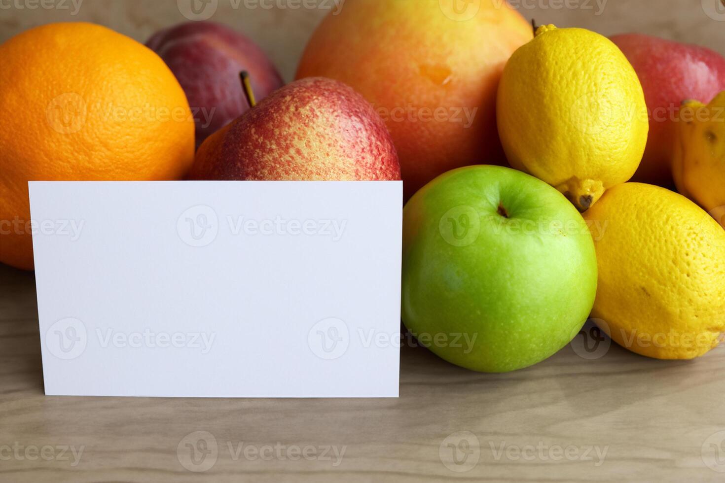 Card and White Paper Mockup Harmonized with Fresh Fruit, Crafting a Visual Symphony of Artful Design and Culinary Delight, Where Wholesome Ingredients Merge in a Feast of Vibrant Imagery photo