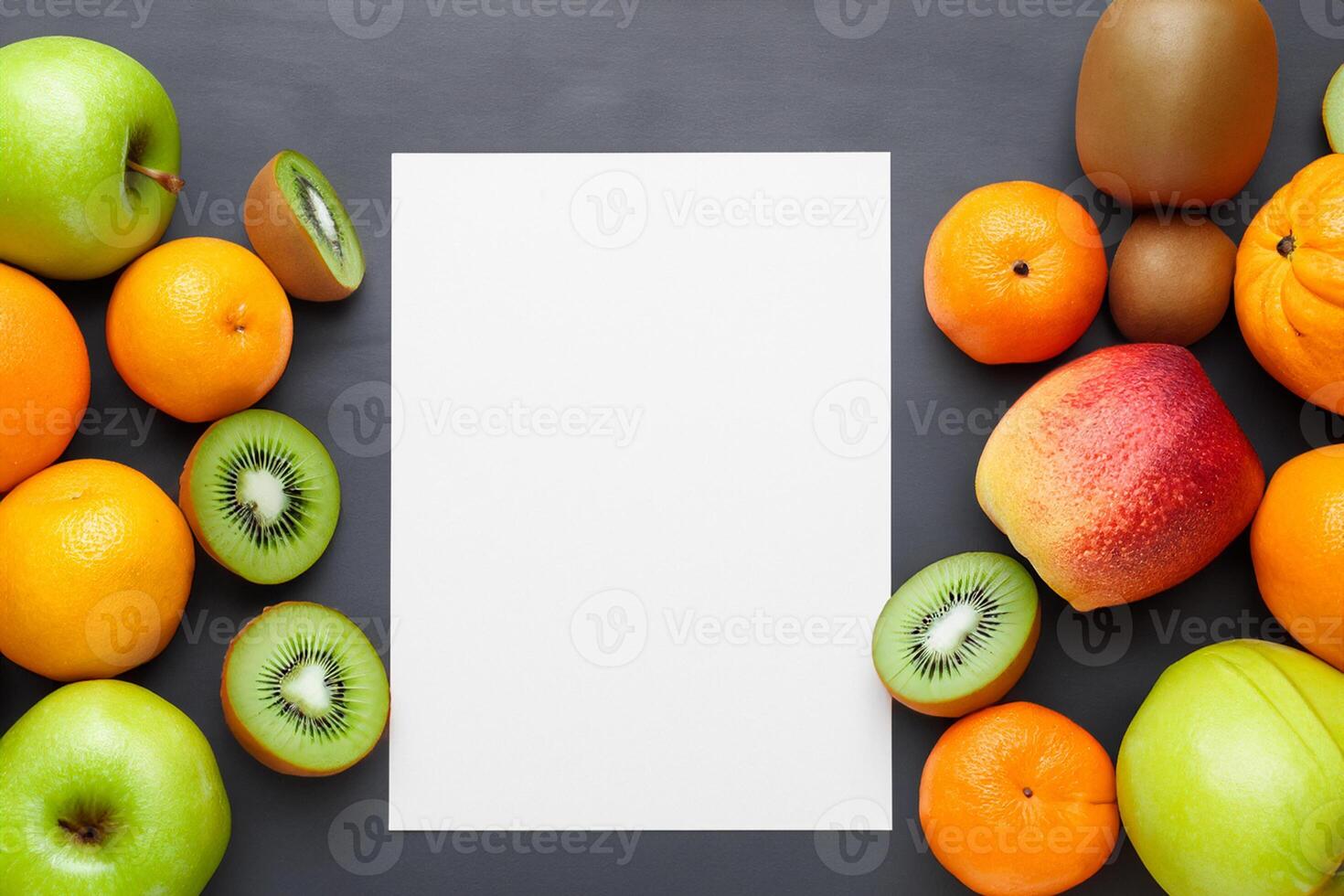 Card and White Paper Mockup Harmonized with Fresh Fruit, Crafting a Visual Symphony of Artful Design and Culinary Delight, Where Wholesome Ingredients Merge in a Feast of Vibrant Imagery photo