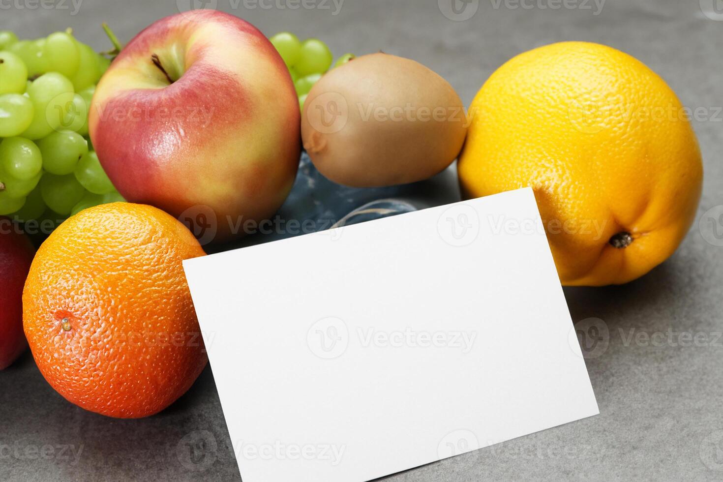 Card and White Paper Mockup Harmonized with Fresh Fruit, Crafting a Visual Symphony of Artful Design and Culinary Delight, Where Wholesome Ingredients Merge in a Feast of Vibrant Imagery photo