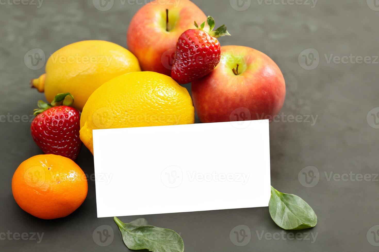 Card and White Paper Mockup Harmonized with Fresh Fruit, Crafting a Visual Symphony of Artful Design and Culinary Delight, Where Wholesome Ingredients Merge in a Feast of Vibrant Imagery photo