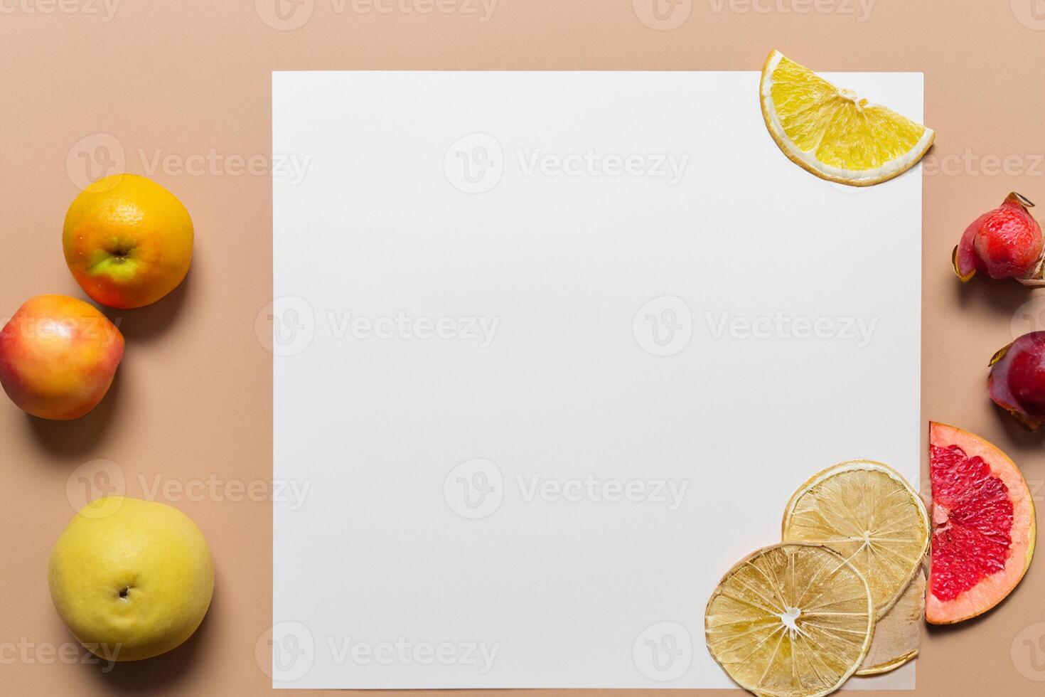 Card and White Paper Mockup Harmonized with Fresh Fruit, Crafting a Visual Symphony of Artful Design and Culinary Delight, Where Wholesome Ingredients Merge in a Feast of Vibrant Imagery photo