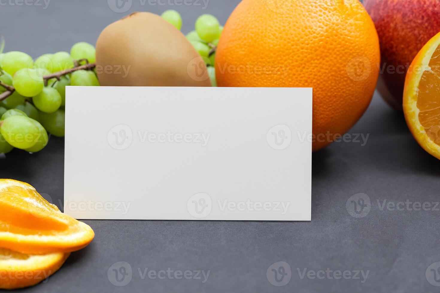 Card and White Paper Mockup Harmonized with Fresh Fruit, Crafting a Visual Symphony of Artful Design and Culinary Delight, Where Wholesome Ingredients Merge in a Feast of Vibrant Imagery photo