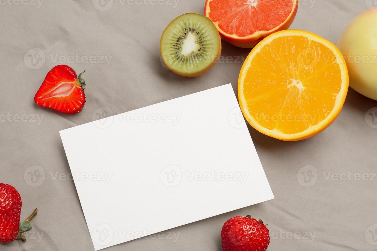 Card and White Paper Mockup Harmonized with Fresh Fruit, Crafting a Visual Symphony of Artful Design and Culinary Delight, Where Wholesome Ingredients Merge in a Feast of Vibrant Imagery photo