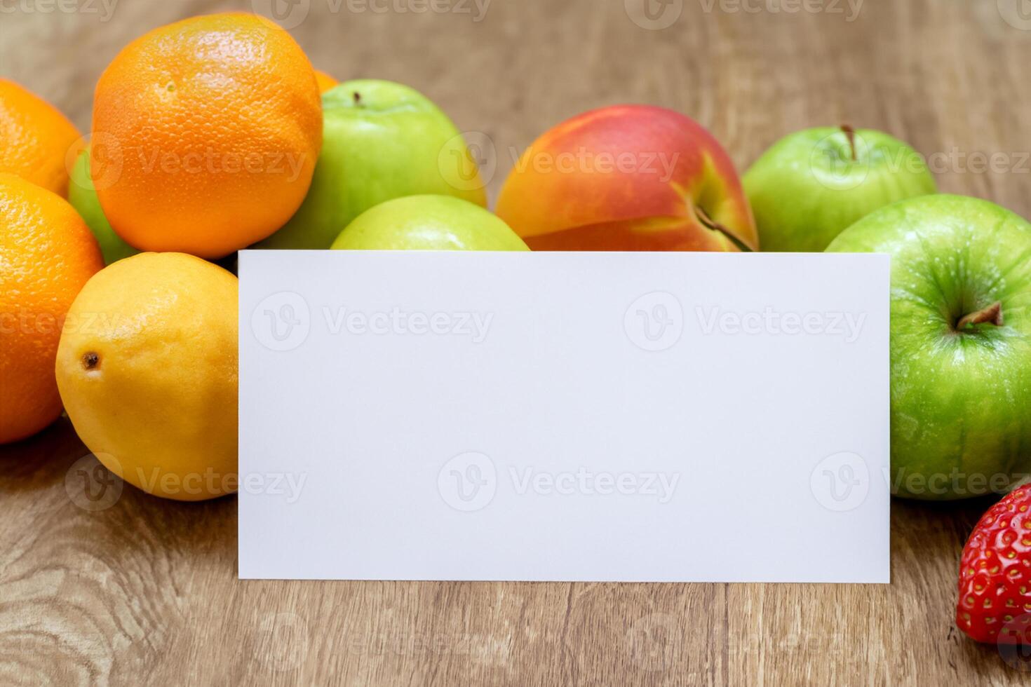 Card and White Paper Mockup Harmonized with Fresh Fruit, Crafting a Visual Symphony of Artful Design and Culinary Delight, Where Wholesome Ingredients Merge in a Feast of Vibrant Imagery photo