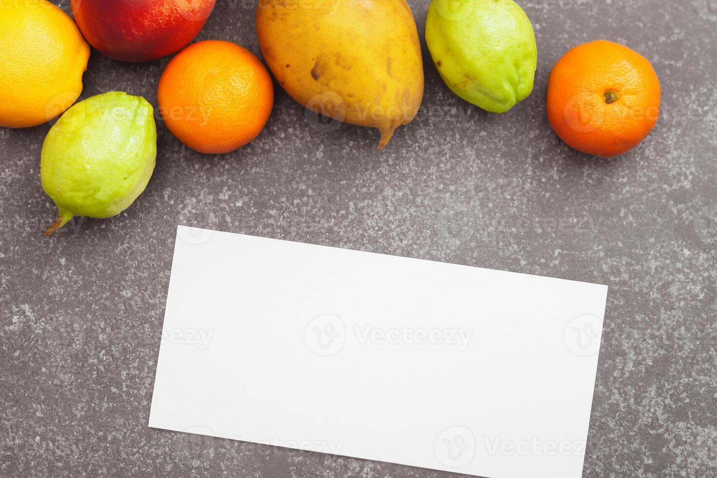 Card and White Paper Mockup Harmonized with Fresh Fruit, Crafting a Visual Symphony of Artful Design and Culinary Delight, Where Wholesome Ingredients Merge in a Feast of Vibrant Imagery photo