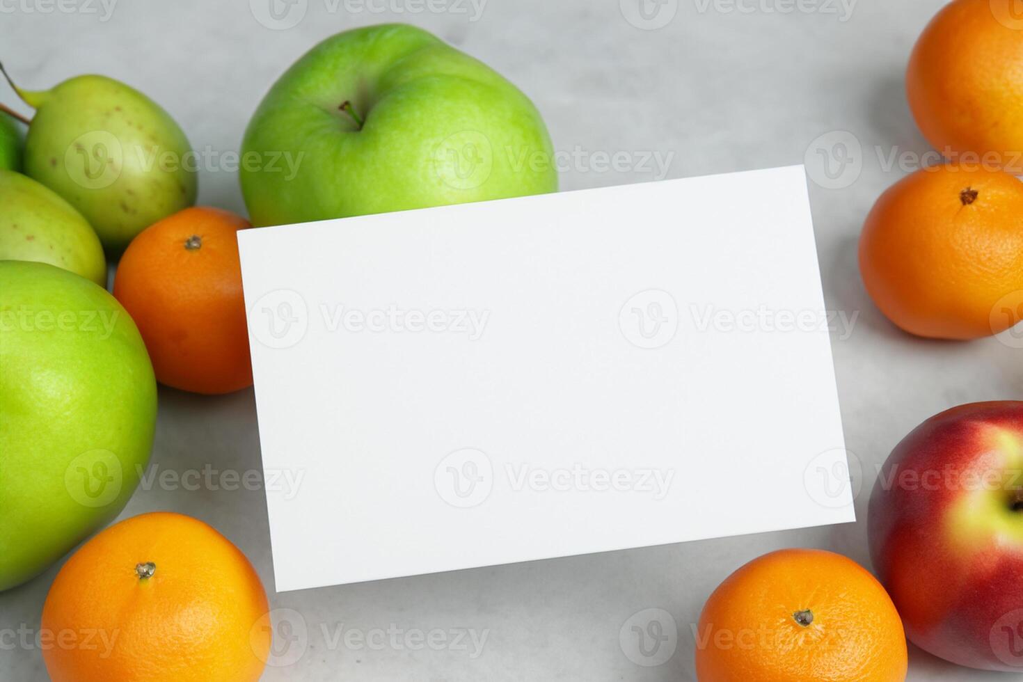 Card and White Paper Mockup Harmonized with Fresh Fruit, Crafting a Visual Symphony of Artful Design and Culinary Delight, Where Wholesome Ingredients Merge in a Feast of Vibrant Imagery photo