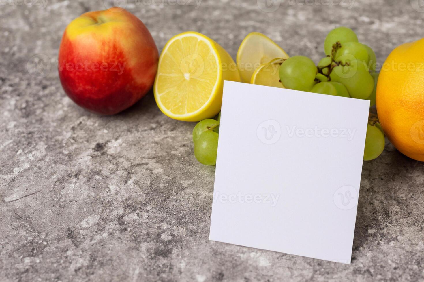 Card and White Paper Mockup Harmonized with Fresh Fruit, Crafting a Visual Symphony of Artful Design and Culinary Delight, Where Wholesome Ingredients Merge in a Feast of Vibrant Imagery photo