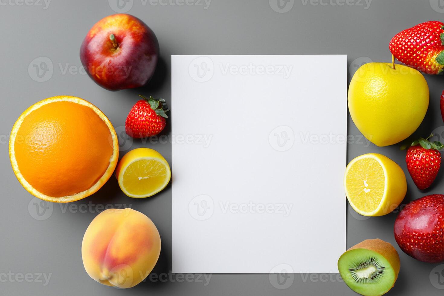 Card and White Paper Mockup Harmonized with Fresh Fruit, Crafting a Visual Symphony of Artful Design and Culinary Delight, Where Wholesome Ingredients Merge in a Feast of Vibrant Imagery photo