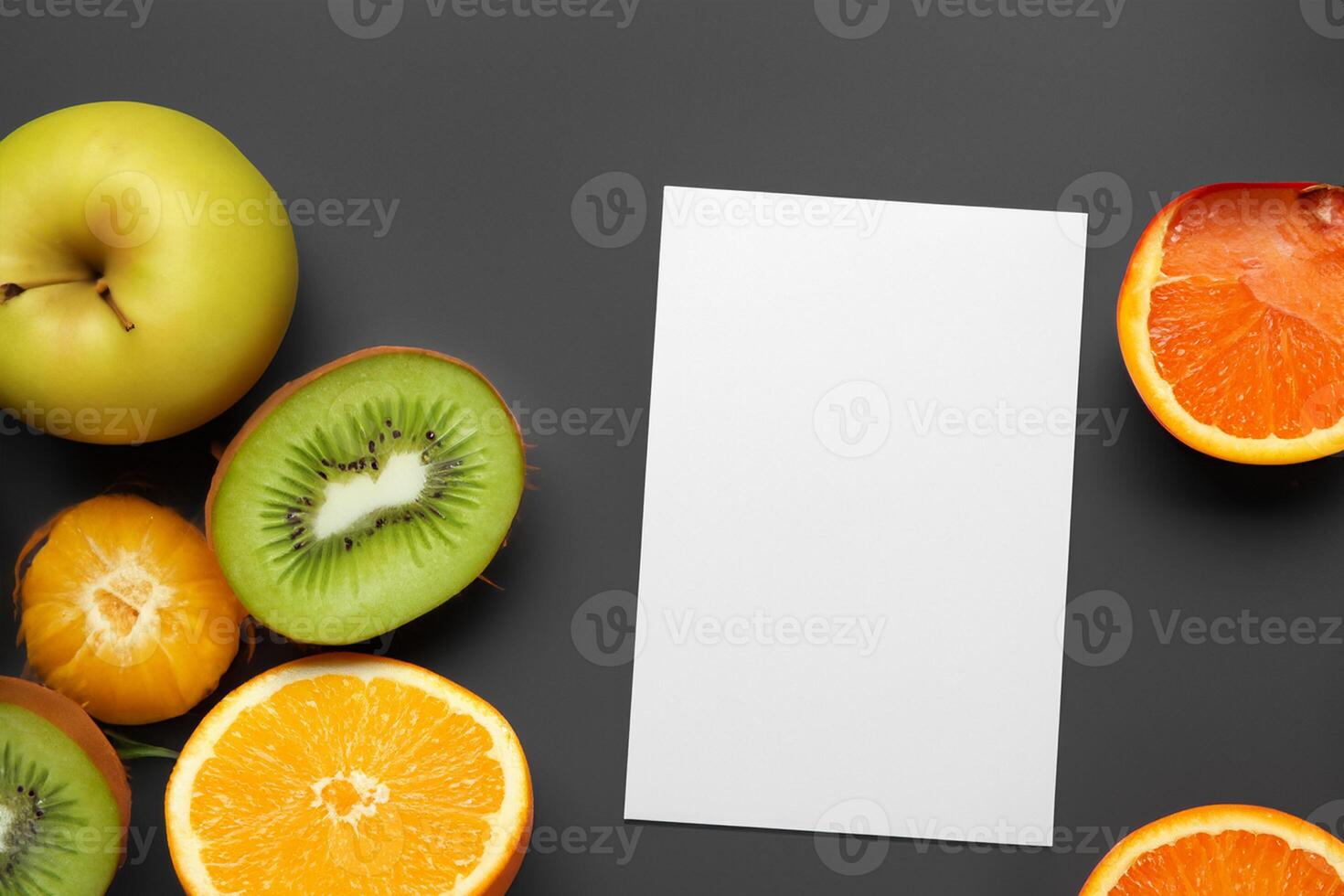 Card and White Paper Mockup Harmonized with Fresh Fruit, Crafting a Visual Symphony of Artful Design and Culinary Delight, Where Wholesome Ingredients Merge in a Feast of Vibrant Imagery photo