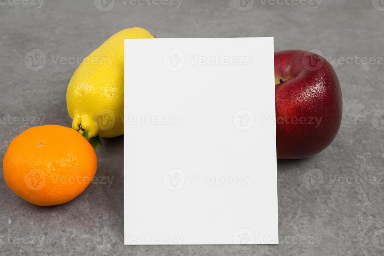 Card and White Paper Mockup Harmonized with Fresh Fruit, Crafting a Visual Symphony of Artful Design and Culinary Delight, Where Wholesome Ingredients Merge in a Feast of Vibrant Imagery photo