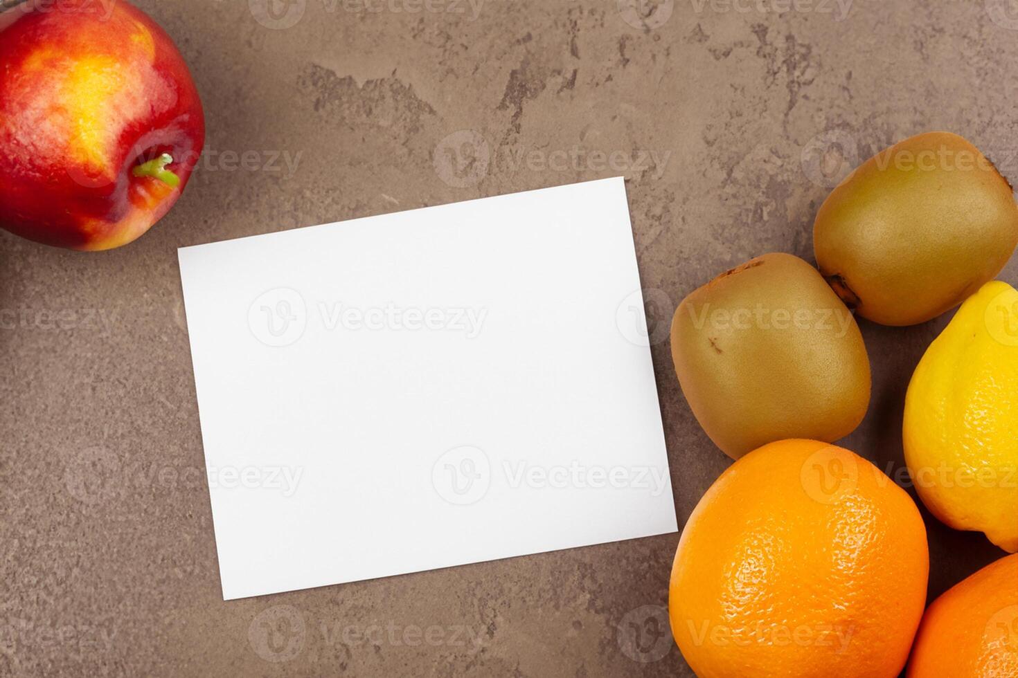 Card and White Paper Mockup Harmonized with Fresh Fruit, Crafting a Visual Symphony of Artful Design and Culinary Delight, Where Wholesome Ingredients Merge in a Feast of Vibrant Imagery photo