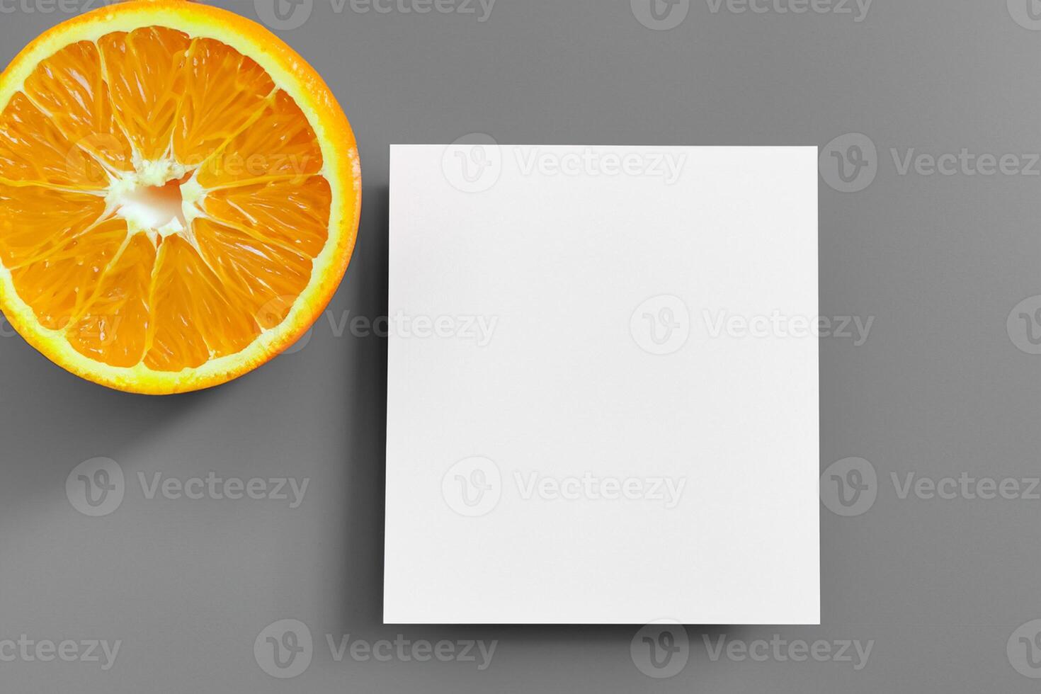 Generated imageWhite Paper Mockup Enlivened by the Zesty Aura of Fresh Oranges, Crafting a Visual Symphony of Culinary Opulence and Wholesome Design photo