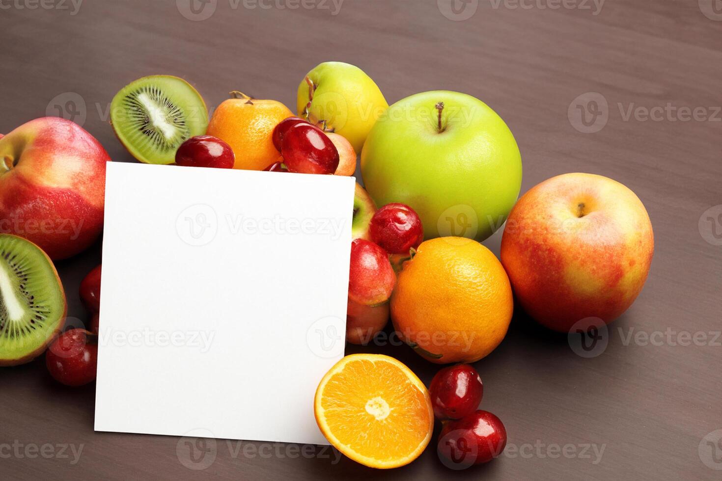 Card and White Paper Mockup Harmonized with Fresh Fruit, Crafting a Visual Symphony of Artful Design and Culinary Delight, Where Wholesome Ingredients Merge in a Feast of Vibrant Imagery photo
