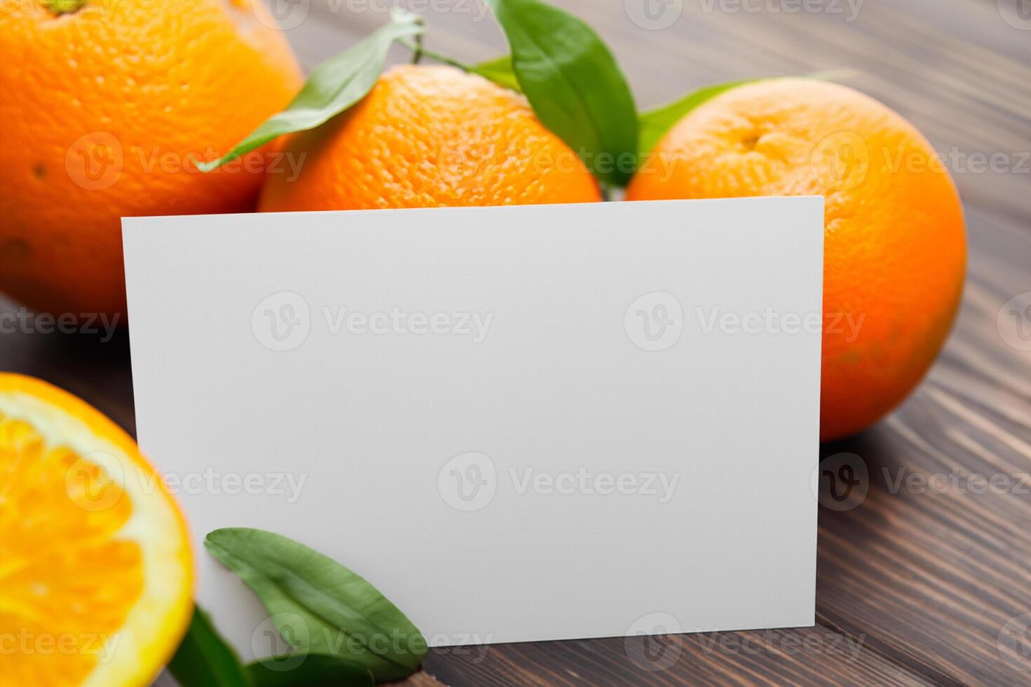 Generated imageWhite Paper Mockup Enlivened by the Zesty Aura of Fresh Oranges, Crafting a Visual Symphony of Culinary Opulence and Wholesome Design photo