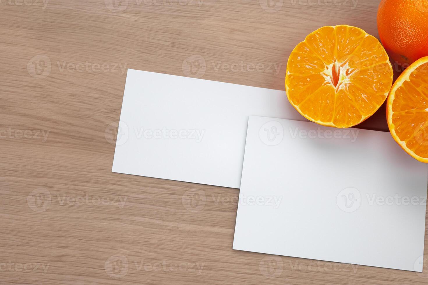 White Paper Mockup Enlivened by the Zesty Aura of Fresh Oranges, Crafting a Visual Symphony of Culinary Opulence and Wholesome Design photo