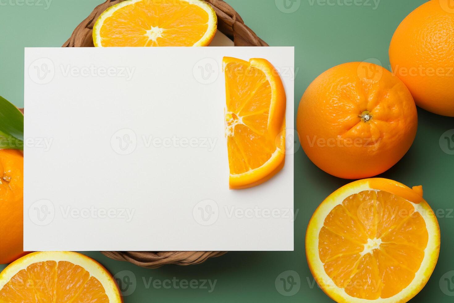 Generated imageWhite Paper Mockup Enlivened by the Zesty Aura of Fresh Oranges, Crafting a Visual Symphony of Culinary Opulence and Wholesome Design photo