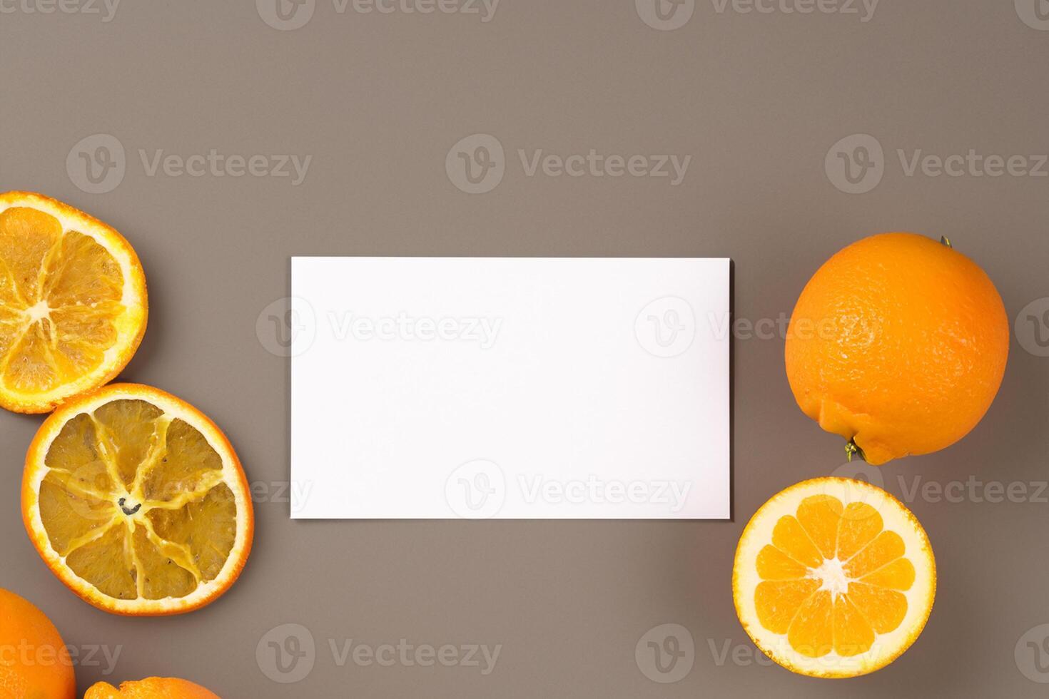 White Paper Mockup Enlivened by the Zesty Aura of Fresh Oranges, Crafting a Visual Symphony of Culinary Opulence and Wholesome Design photo