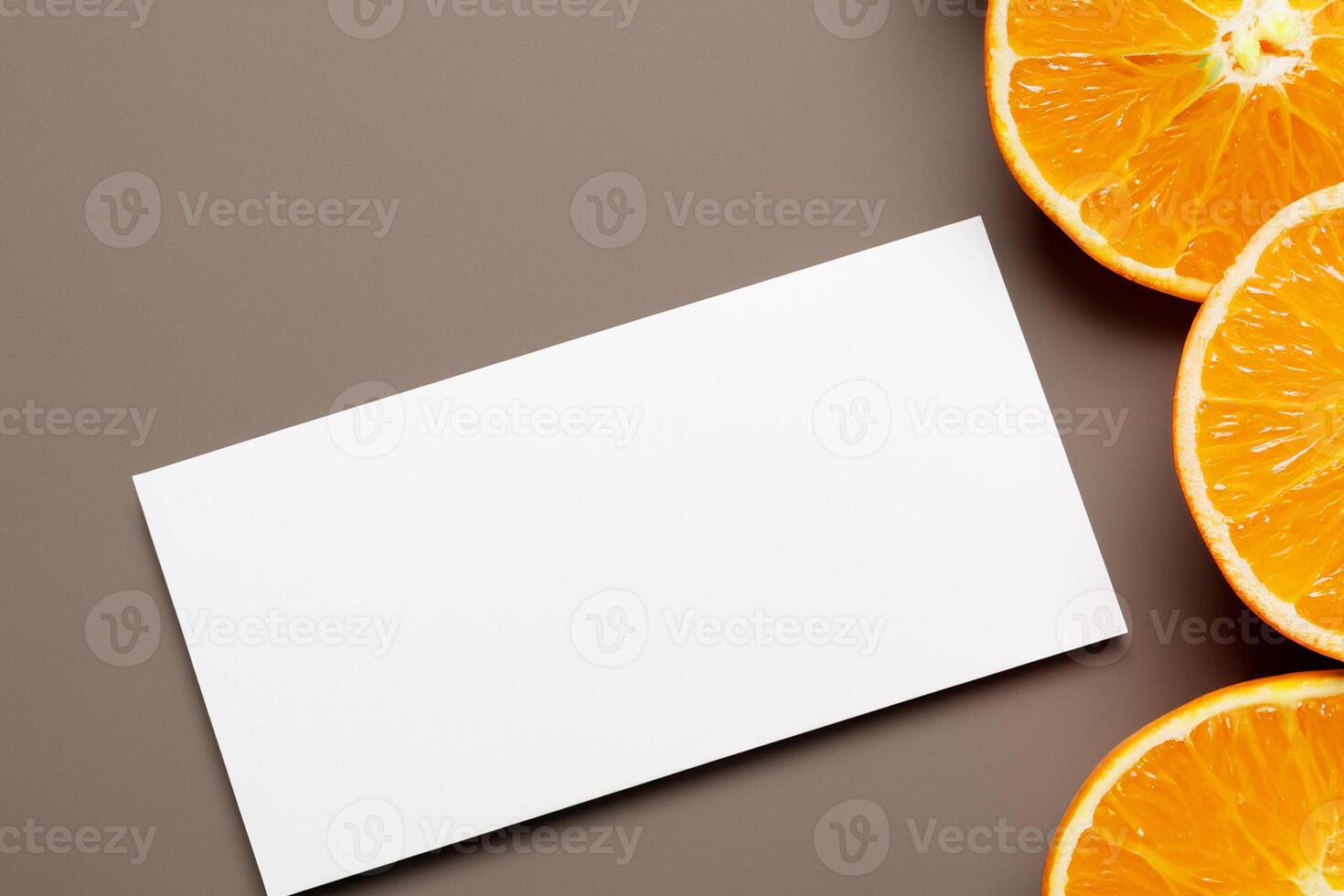 Generated imageWhite Paper Mockup Enlivened by the Zesty Aura of Fresh Oranges, Crafting a Visual Symphony of Culinary Opulence and Wholesome Design photo