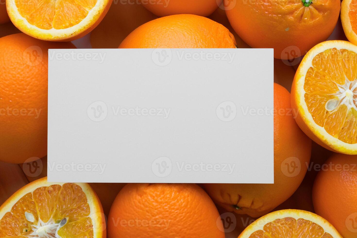 Generated imageWhite Paper Mockup Enlivened by the Zesty Aura of Fresh Oranges, Crafting a Visual Symphony of Culinary Opulence and Wholesome Design photo