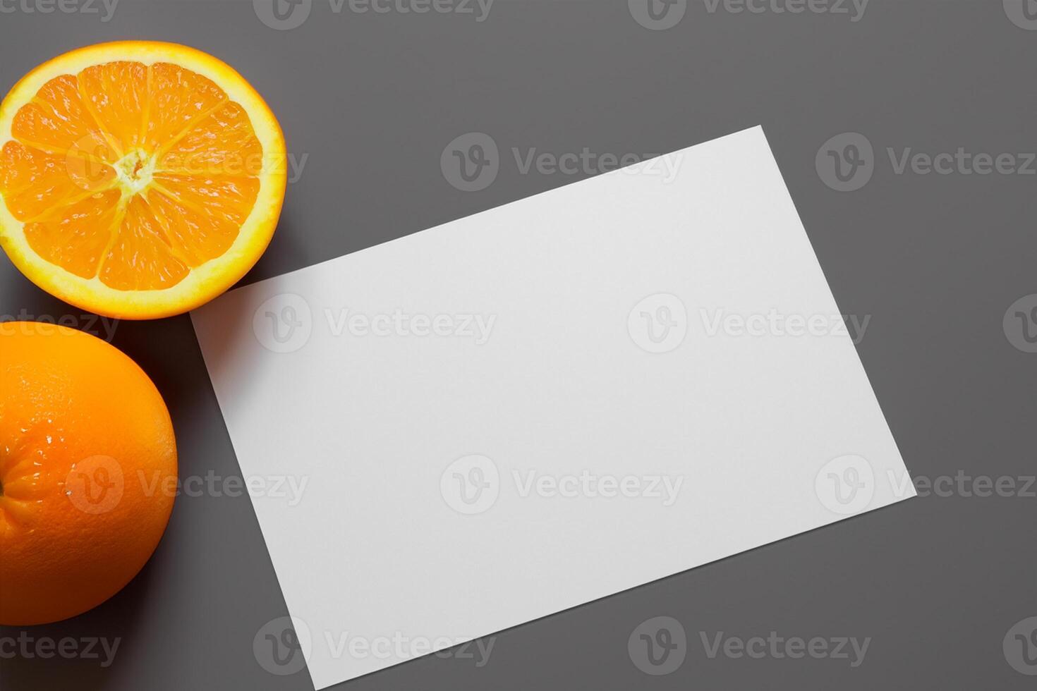 Generated imageWhite Paper Mockup Enlivened by the Zesty Aura of Fresh Oranges, Crafting a Visual Symphony of Culinary Opulence and Wholesome Design photo
