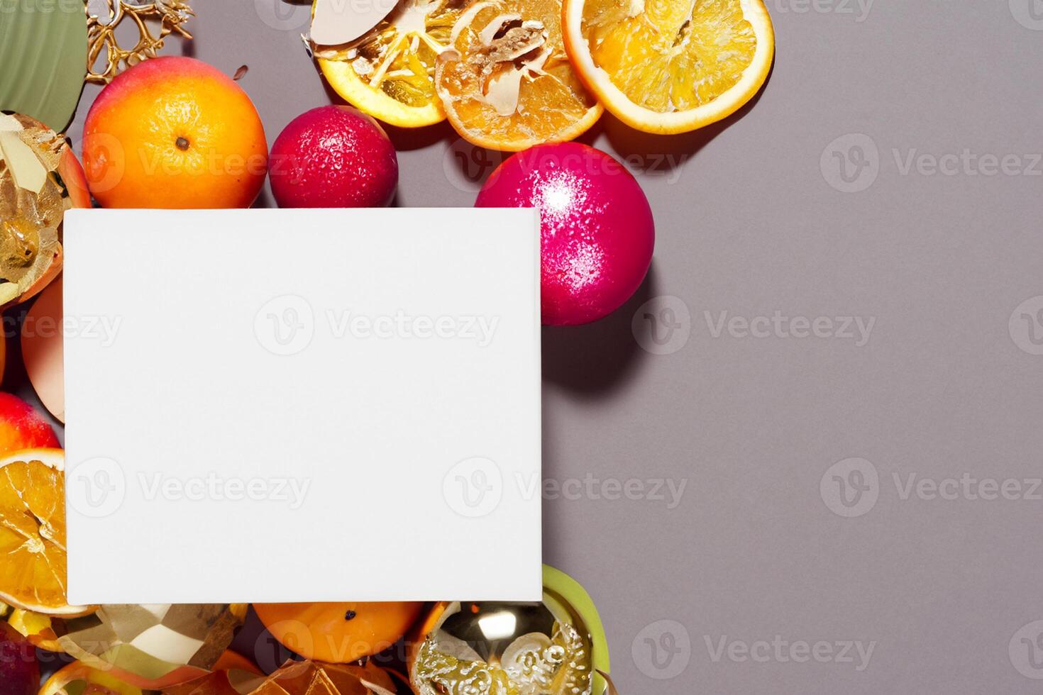 Card and White Paper Mockup Harmonized with Fresh Fruit, Crafting a Visual Symphony of Artful Design and Culinary Delight, Where Wholesome Ingredients Merge in a Feast of Vibrant Imagery photo