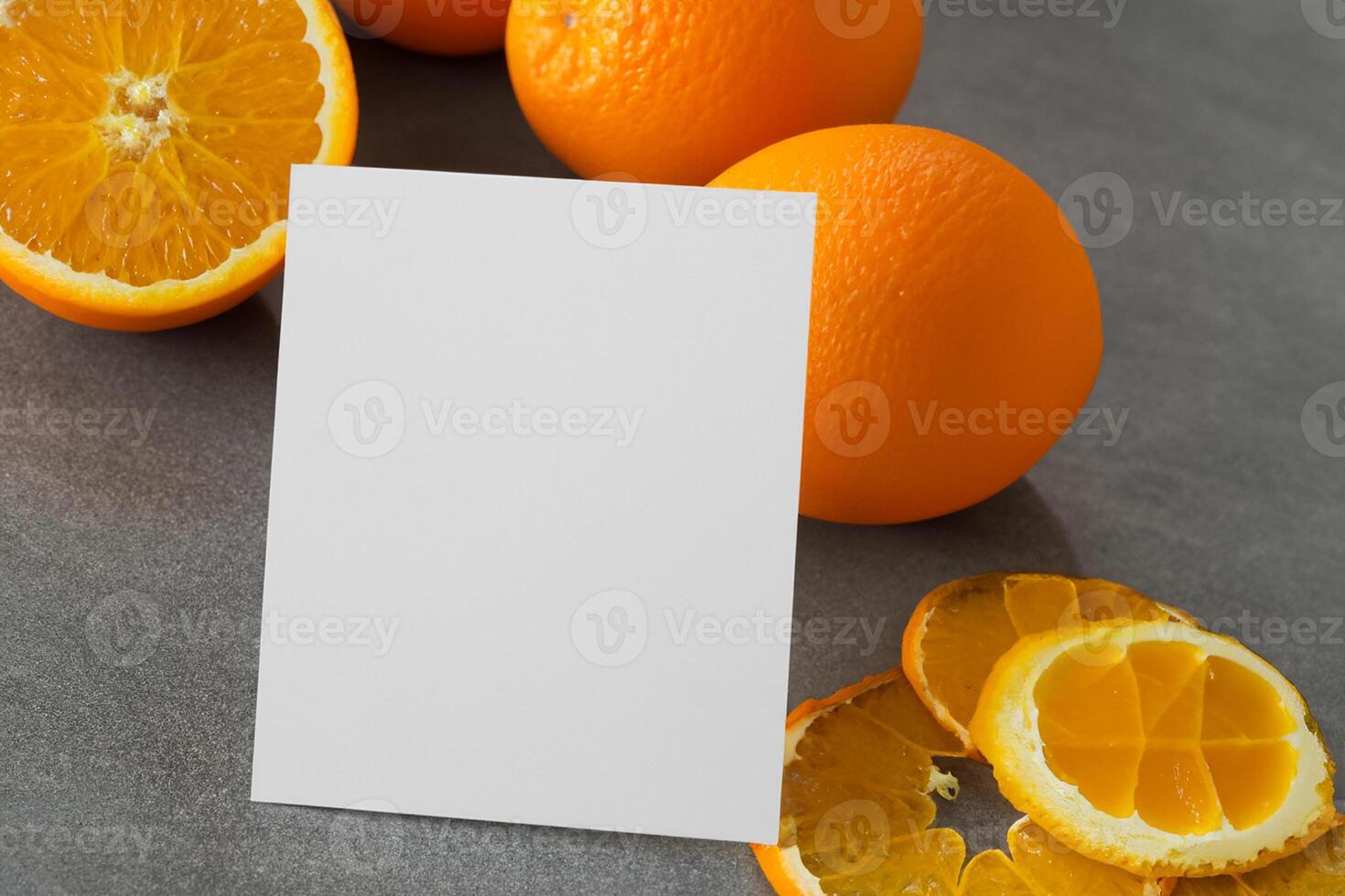 White Paper Mockup Enlivened by the Zesty Aura of Fresh Oranges, Crafting a Visual Symphony of Culinary Opulence and Wholesome Design photo