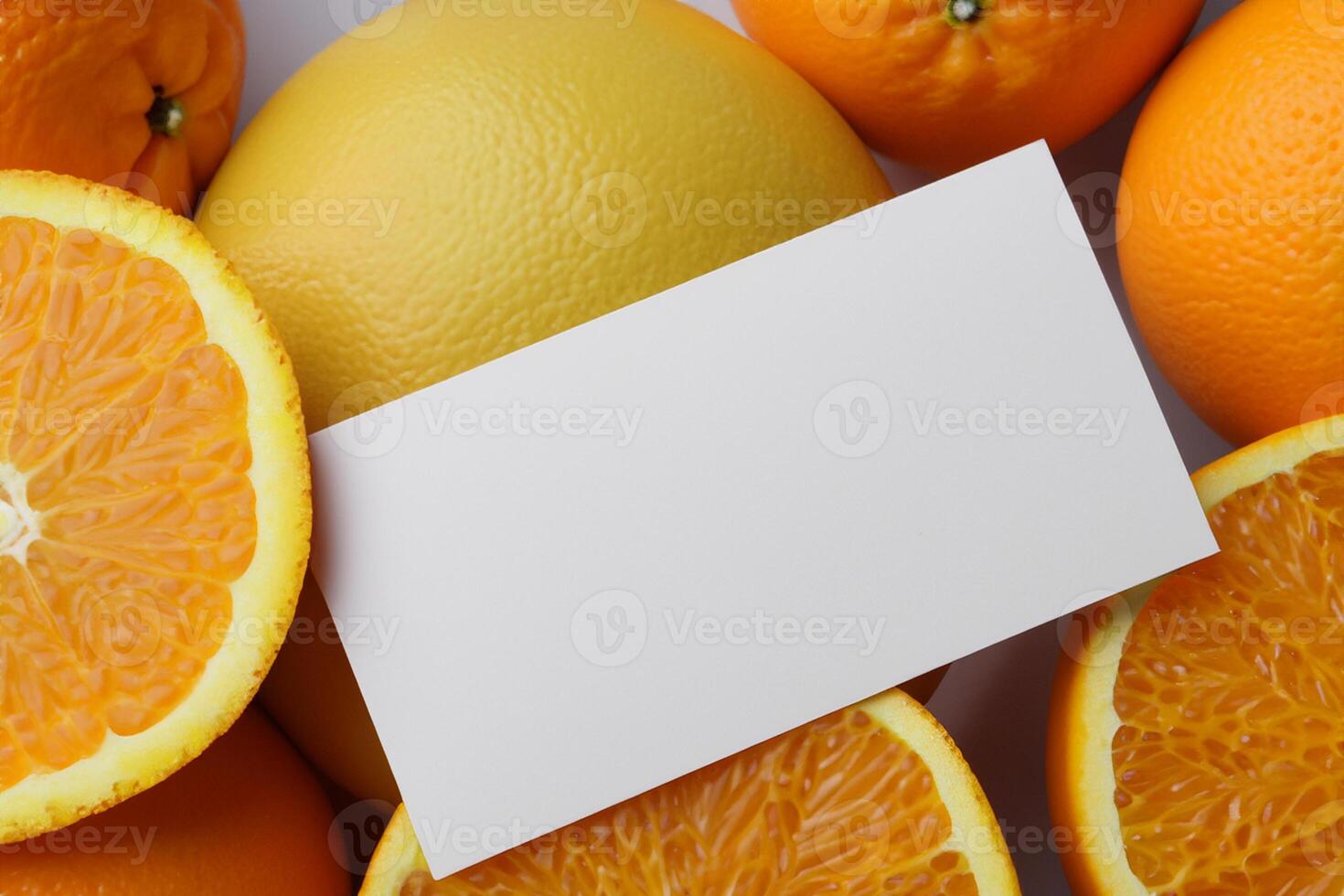 Generated imageWhite Paper Mockup Enlivened by the Zesty Aura of Fresh Oranges, Crafting a Visual Symphony of Culinary Opulence and Wholesome Design photo