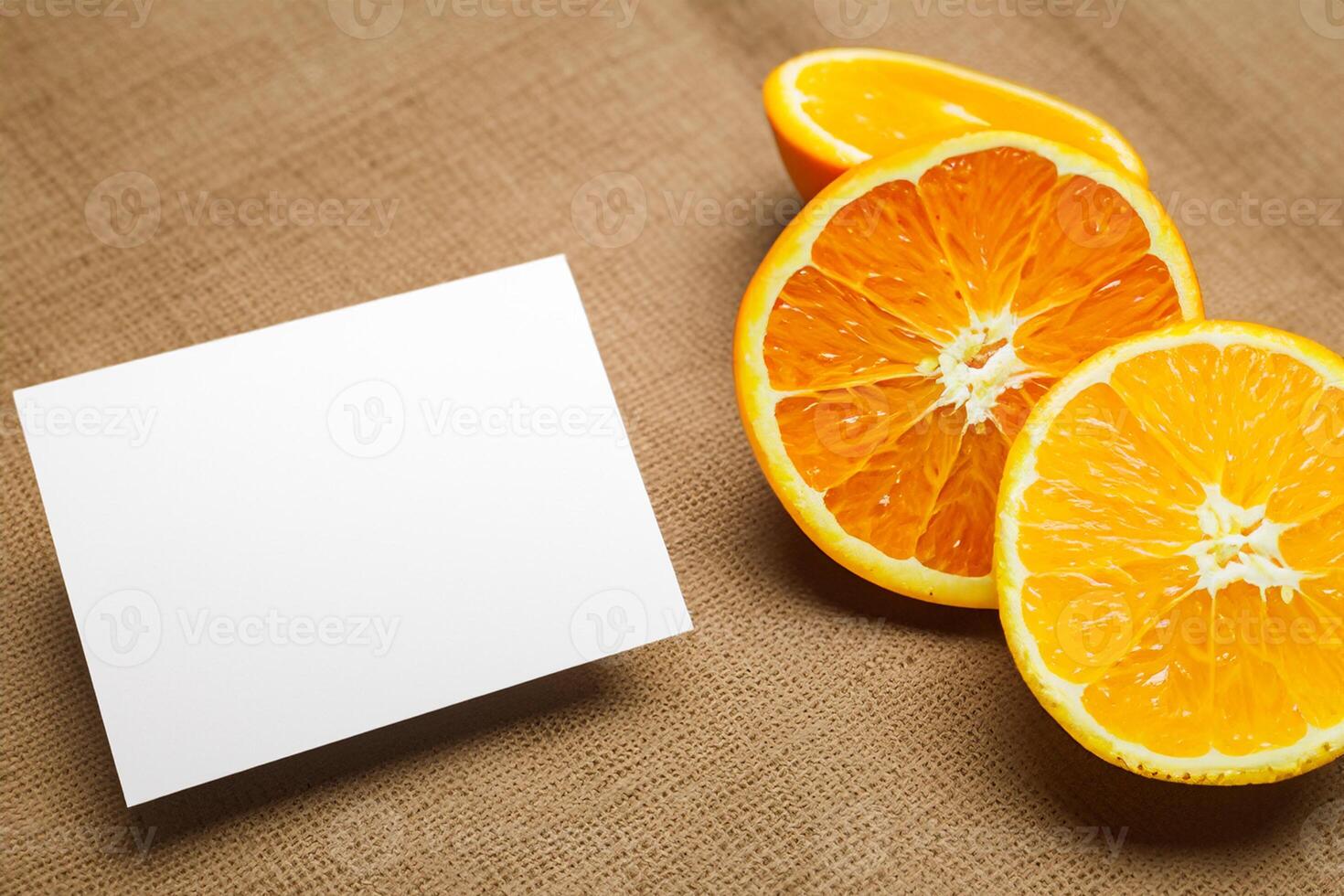 Generated imageWhite Paper Mockup Enlivened by the Zesty Aura of Fresh Oranges, Crafting a Visual Symphony of Culinary Opulence and Wholesome Design photo