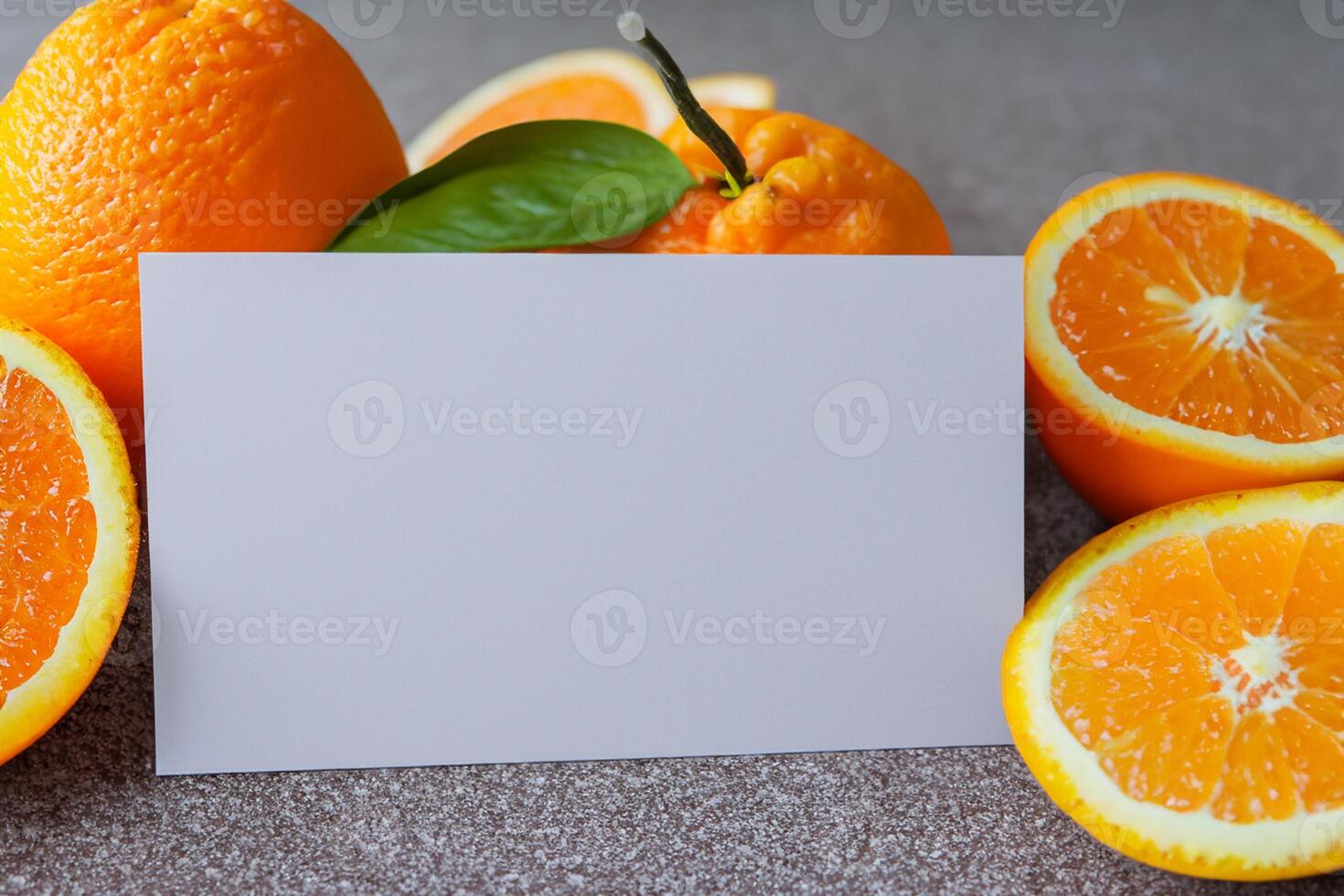 Generated imageWhite Paper Mockup Enlivened by the Zesty Aura of Fresh Oranges, Crafting a Visual Symphony of Culinary Opulence and Wholesome Design photo