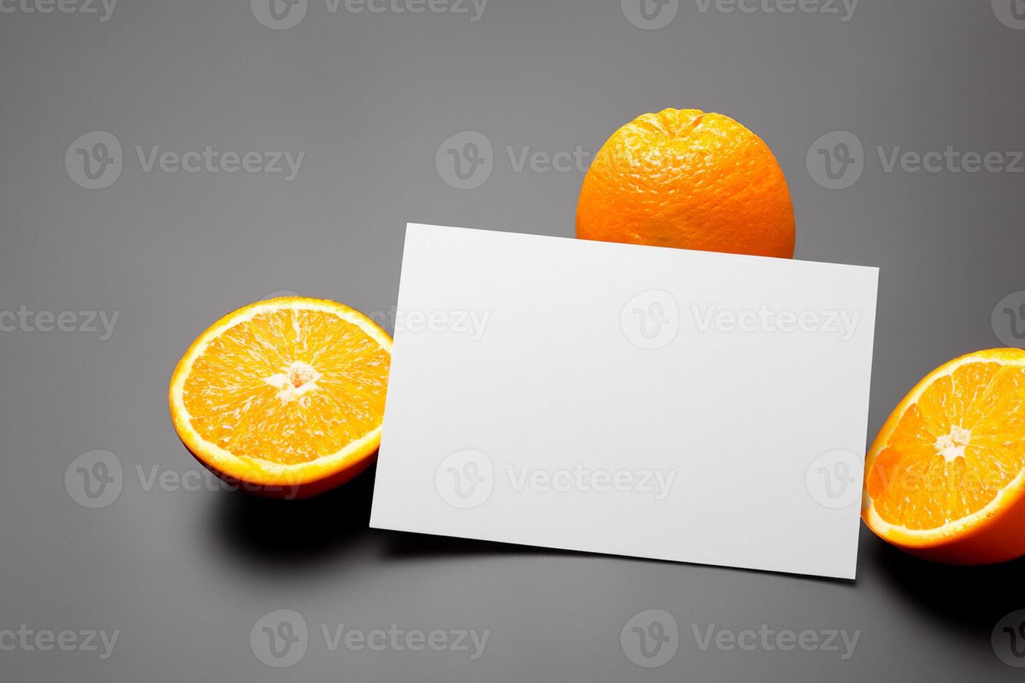 Generated imageWhite Paper Mockup Enlivened by the Zesty Aura of Fresh Oranges, Crafting a Visual Symphony of Culinary Opulence and Wholesome Design photo