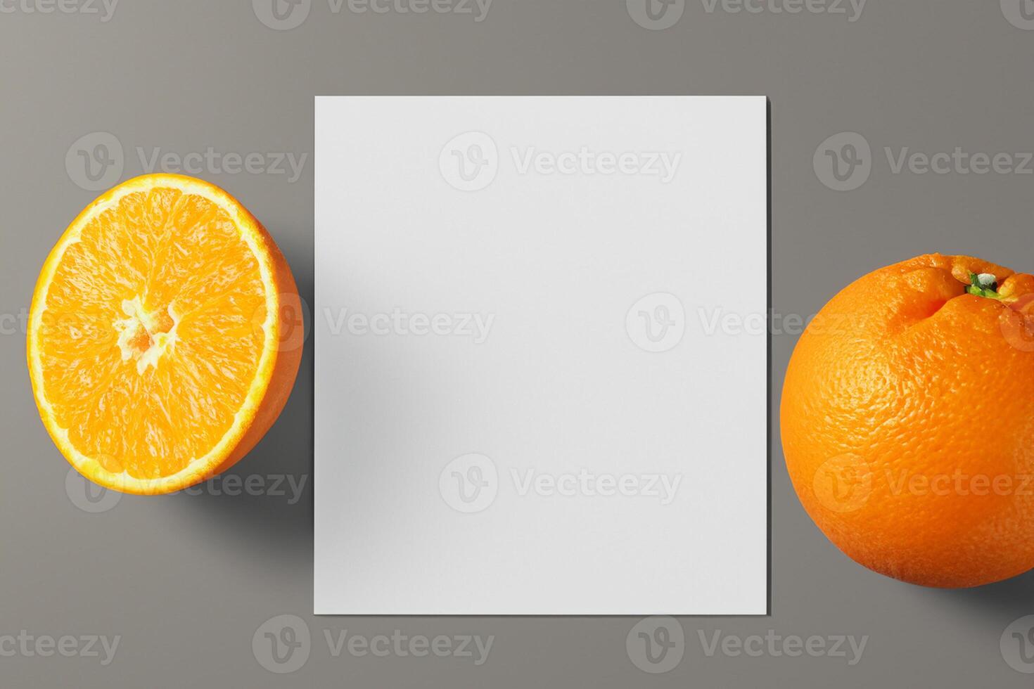 Generated imageWhite Paper Mockup Enlivened by the Zesty Aura of Fresh Oranges, Crafting a Visual Symphony of Culinary Opulence and Wholesome Design photo