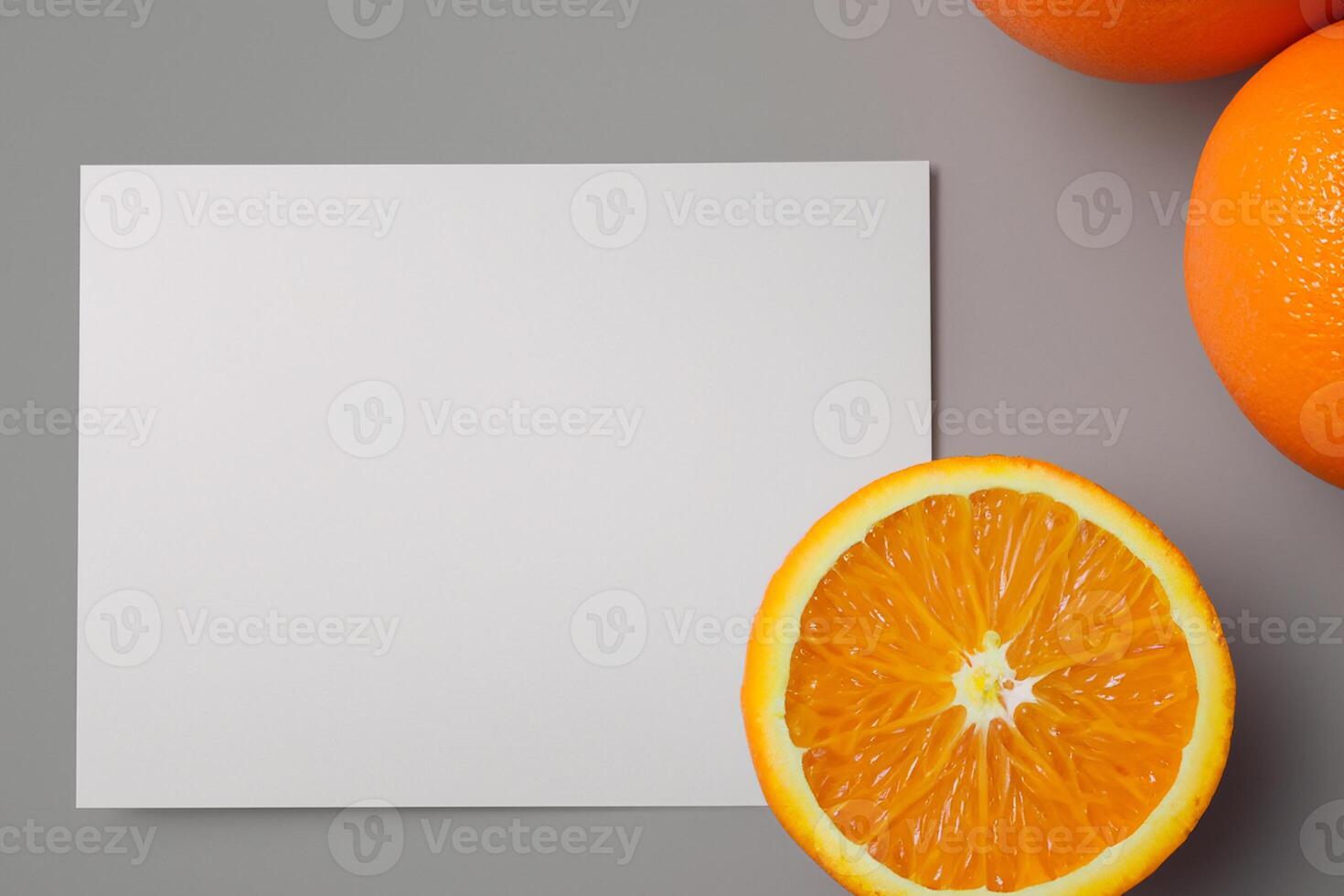 Generated imageWhite Paper Mockup Enlivened by the Zesty Aura of Fresh Oranges, Crafting a Visual Symphony of Culinary Opulence and Wholesome Design photo